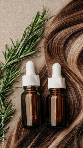 Two amber dropper bottles sit beside a sprig of rosemary and wavy brown hair, representing natural hair care and essential oil benefits.