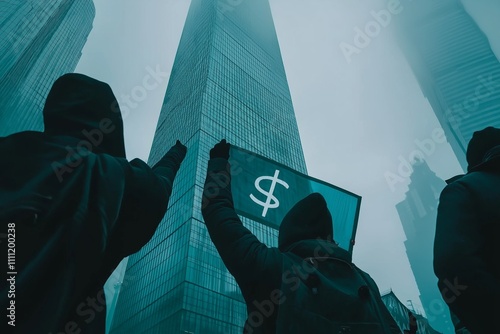 Protesters demonstrate outside government building advocating for fair trade and opposing tariffs in Shanghai\'s financial district photo