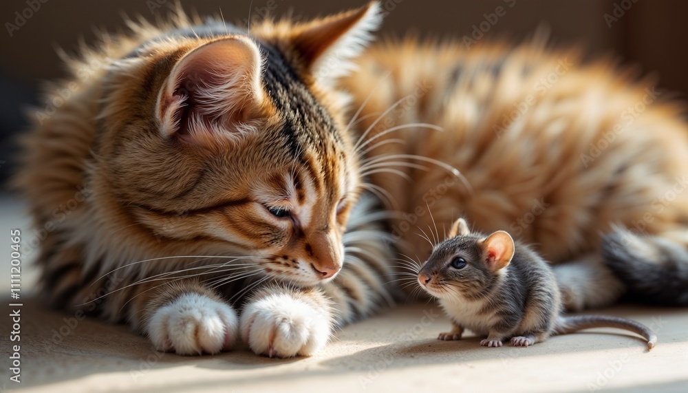 Fluffy cat and curious mouse interact playfully in a cozy indoor setting Fluffy cat and curious mouse interact playfully in a cozy indoor setting