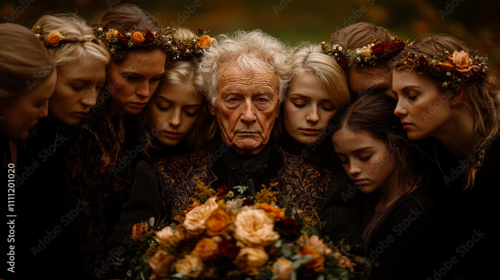 Fototapeta premium An elderly man stands in the center, holding a flower bouquet, surrounded by women in nature, all lost in contemplation during a poignant gathering
