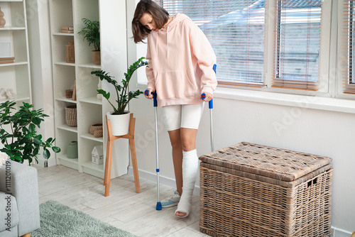 Young woman with broken leg...
