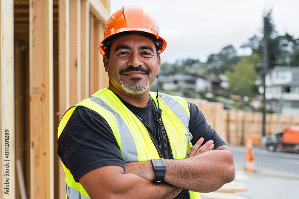 a smiling Latino construction worker standing confidently with arms crossed, wearing a safety vest and hard hat a smiling Latino construction worker standing confidently with arms crossed, wearing a safety vest and hard hat