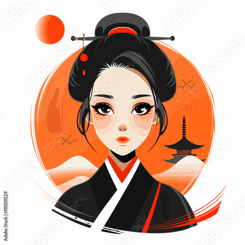 Japanese geisha in kimono with red ball. Vector illustration