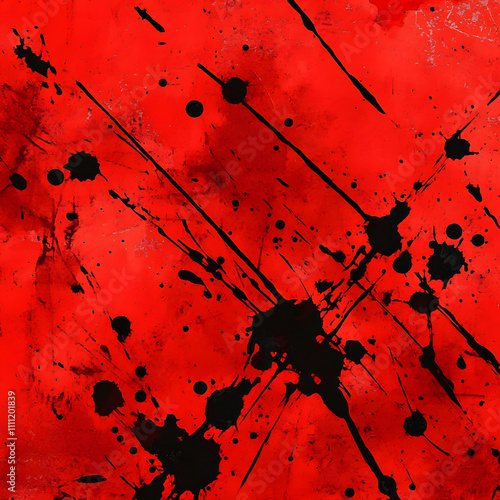 Vivid Red Grunge Texture with Black Paint Splatter