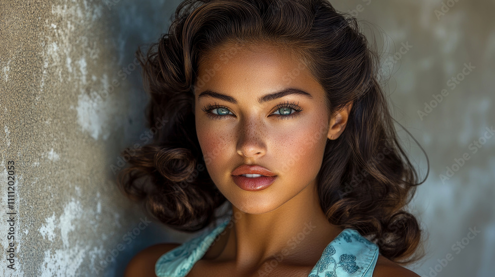 A young woman with beautiful features and voluminous hair poses against a textured wall, exuding confidence in soft afternoon light A young woman with beautiful features and voluminous hair poses against a textured wall, exuding confidence in soft afternoon light