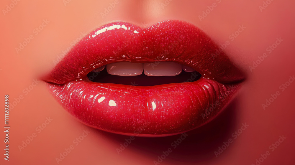 Glossy red lips are prominently featured, adorned with a shiny finish, reflecting light in a beauty-focused setting, highlighting makeup artistry Glossy red lips are prominently featured, adorned with a shiny finish, reflecting light in a beauty-focused setting, highlighting makeup artistry