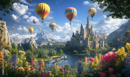 A whimsical scene of a fantasy landscape filled with colorful hot air balloons floating above a picturesque castle and vibrant, blooming flora. photo