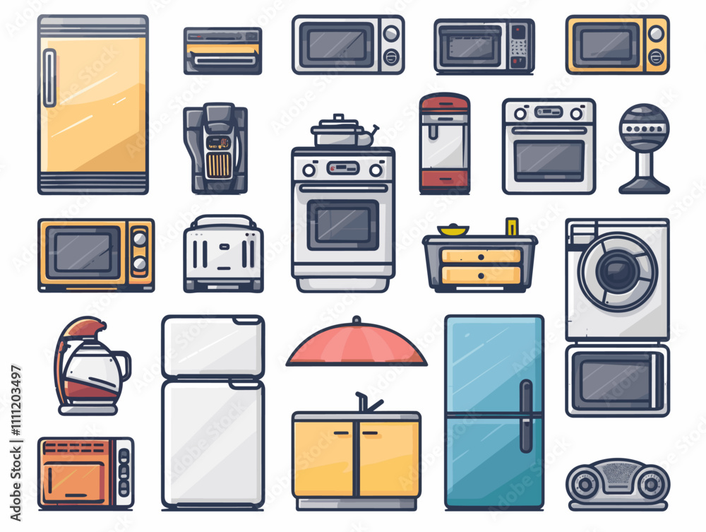Kitchen furniture and utensils icons set in line style. Kitchen furniture and utensils icons set in line style.