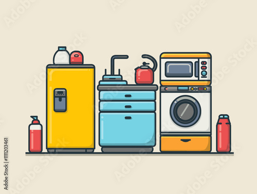 Kitchen with a yellow refrigerator, microwave, and oven. A bottle of soap is on the counter