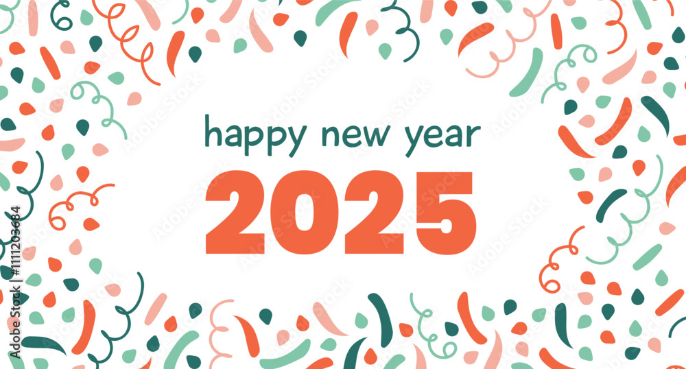 Obraz premium New Year 2025 with Confetti. Card explosion cracker. Design greeting, Holiday mail, post. Festive Carnival. Salute bright ribbons, curls. Doodle Fireworks. Text Congratulations. Vector illustration