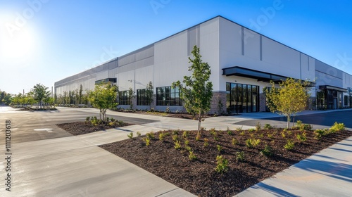 Modern industrial building with landscaping and parking lot.