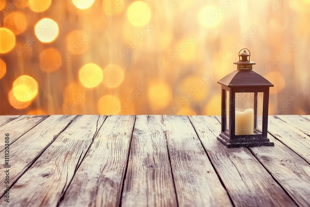 Laterne mit brennender Kerze auf verschneiten Holzplanken Winterlicher Hintergrund mit warmem Bokeh Licht Weihnachtsatmosphäre Elegantes Design für Grußkarten und Dekoration Laterne mit brennender Kerze auf verschneiten Holzplanken Winterlicher Hintergrund mit warmem Bokeh Licht Weihnachtsatmosphäre Elegantes Design für Grußkarten und Dekoration