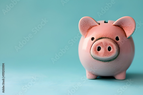 Piggy bank on a light blue background. Copy psace photo