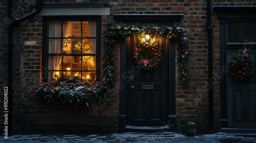 Classic brick townhouse in an English village  decorated with holly and ivy garlands  glowing candlelight  and a festive Christmas wreath with red berries on the wooden door in a snowy cobblestone str