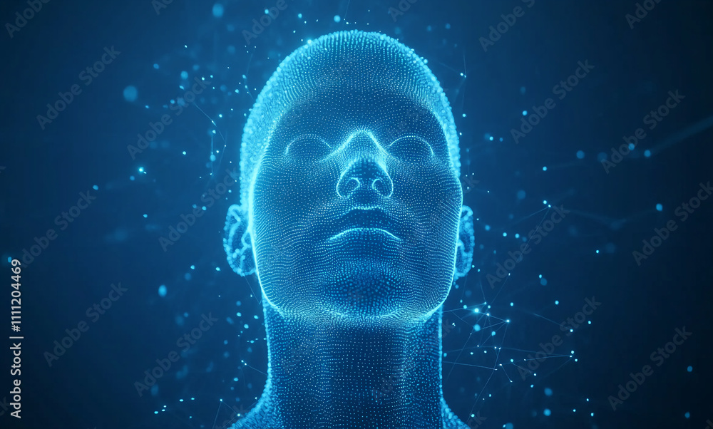 Digital representation of a human head illuminated with glowing particles and information flow Digital representation of a human head illuminated with glowing particles and information flow