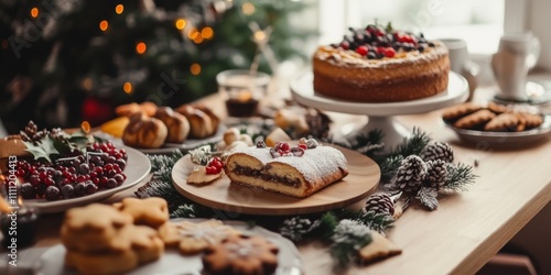 A cozy Christmas dessert table filled with delicious cakes, cookies, and festive treats. Beautifully styled with decorations and warm lighting. Perfect for holiday gatherings. AI