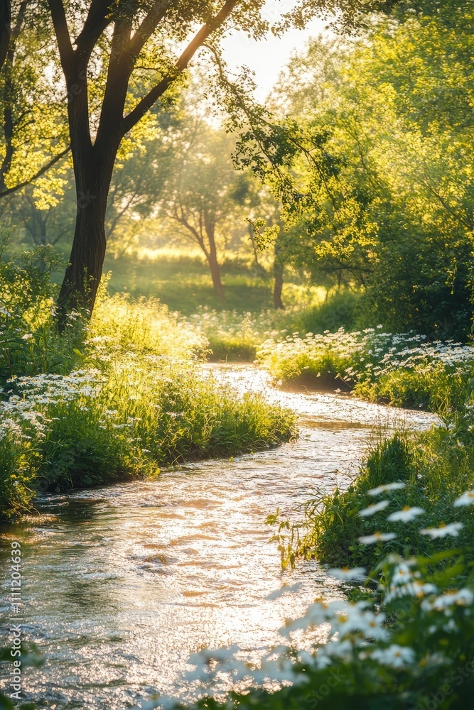 Sunlit stream flows through flowering, wooded banks. Sunlit stream flows through flowering, wooded banks.