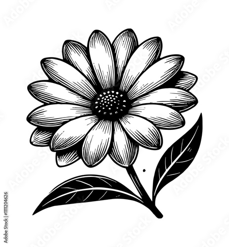 daisy flower engraving black and white outline