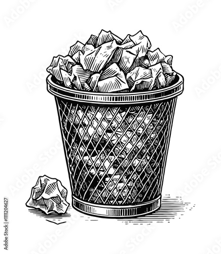 paper trash can engraving black and white outline