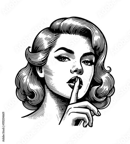 woman with silence hand gesture engraving black and white outline