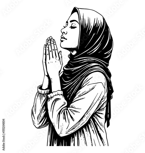 woman hijab muslim pray hand engraving black and white outline