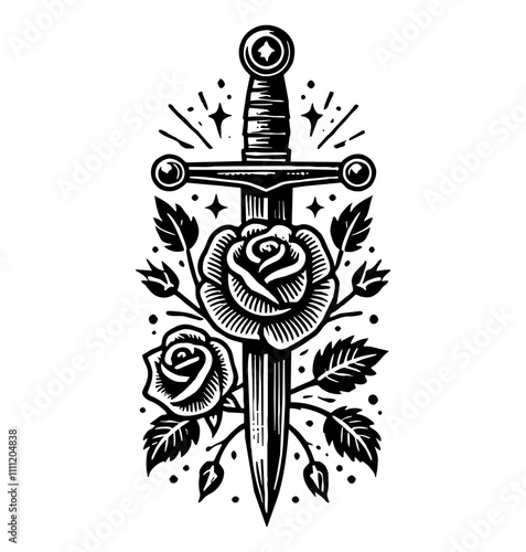 sword rose flower engraving black and white outline
