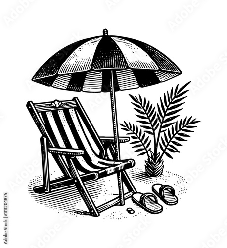 beach umbrella chair engraving black and white outline