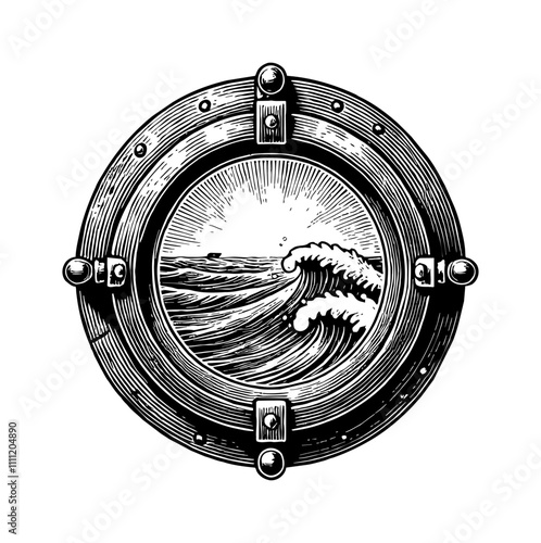 ship porthole engraving black and white outline