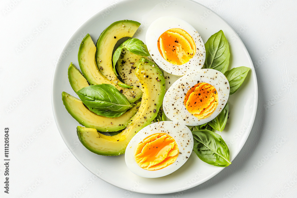 a healthy dish of sliced avocado and boiled eggs, complemented by fresh basil a healthy dish of sliced avocado and boiled eggs, complemented by fresh basil