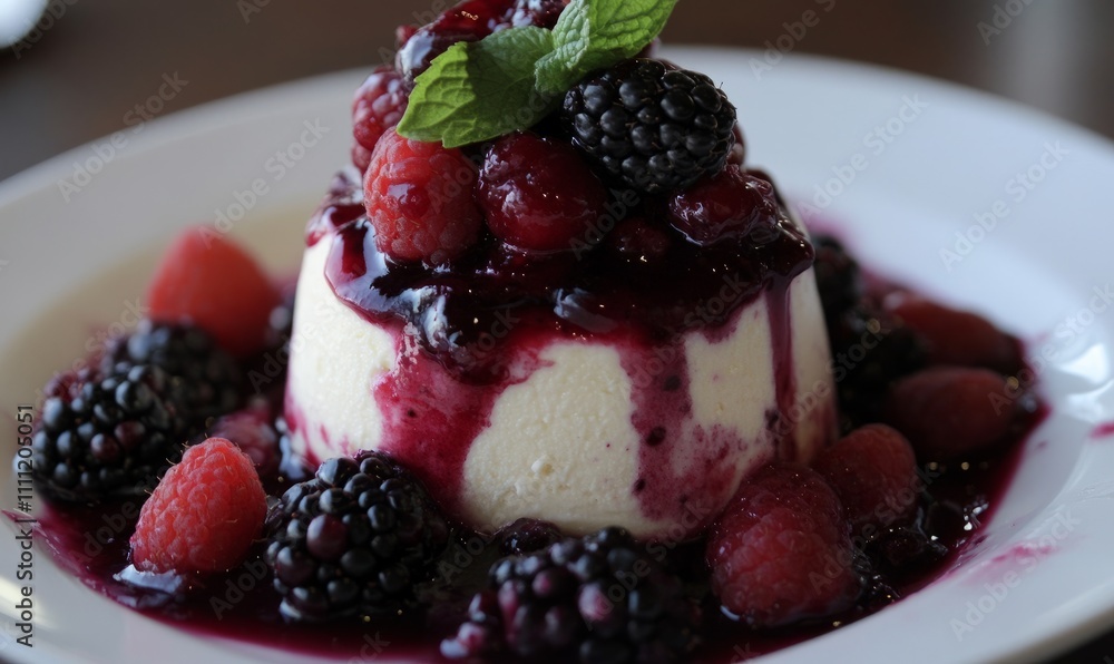 Creamy cheesecake topped with mixed berries and a sweet berry sauce Creamy cheesecake topped with mixed berries and a sweet berry sauce