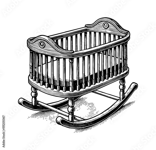 baby cradle engraving black and white outline