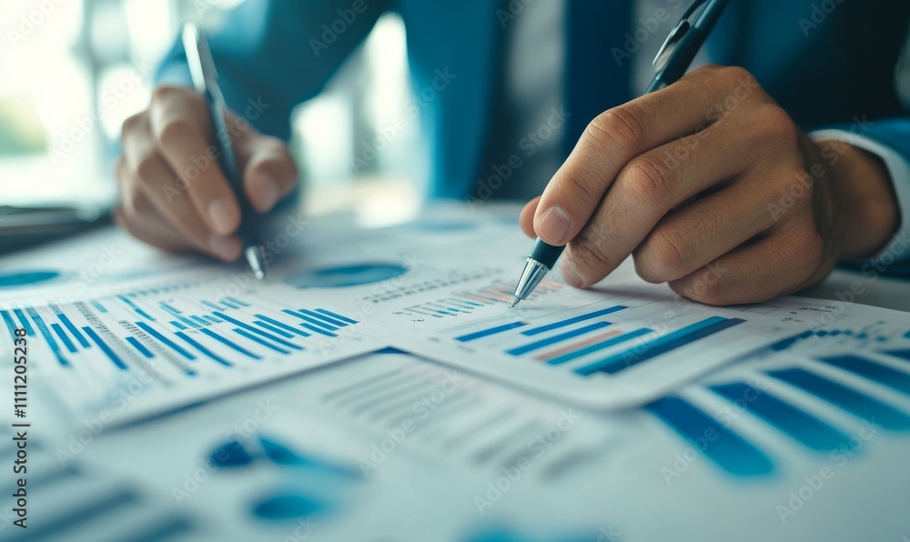 Column chart with company progress and growth by year, 2024, businessman calculates financial data for long term investments Column chart with company progress and growth by year, 2024, businessman calculates financial data for long term investments