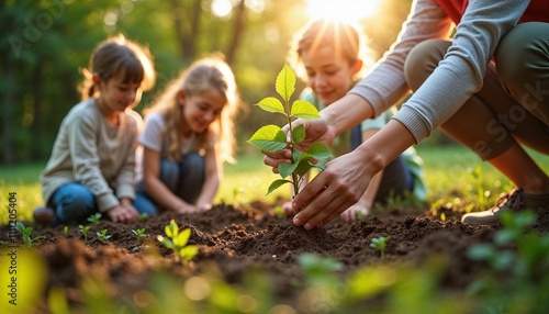Wallpaper Mural Group of children planting saplings with adult guidance in a sunny park Torontodigital.ca