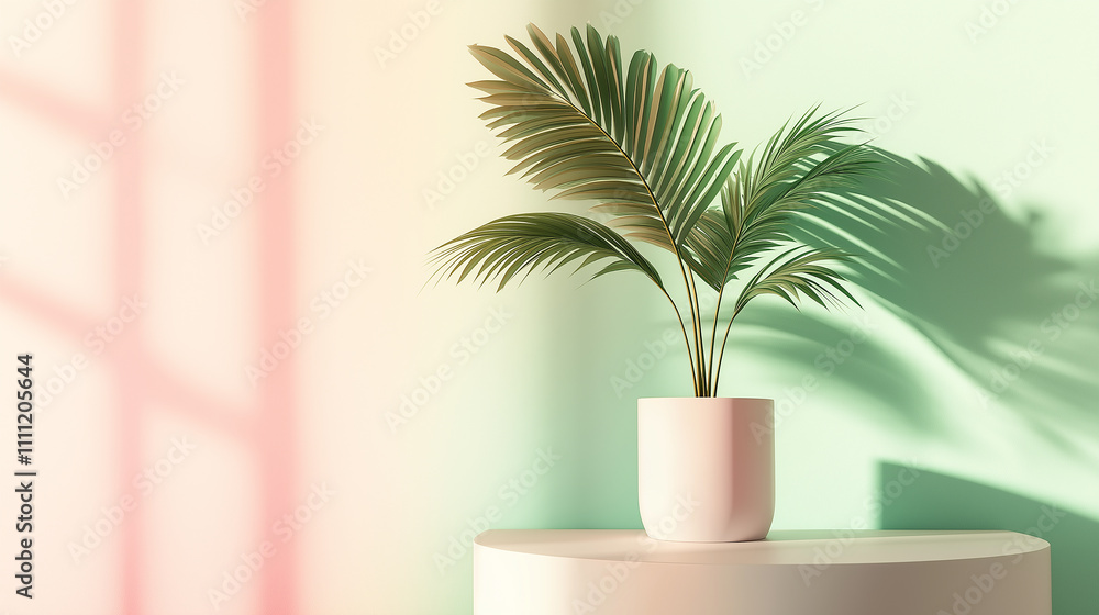 Potted parlour palm creating decorative shadow on green wall in modern minimalist home Potted parlour palm creating decorative shadow on green wall in modern minimalist home
