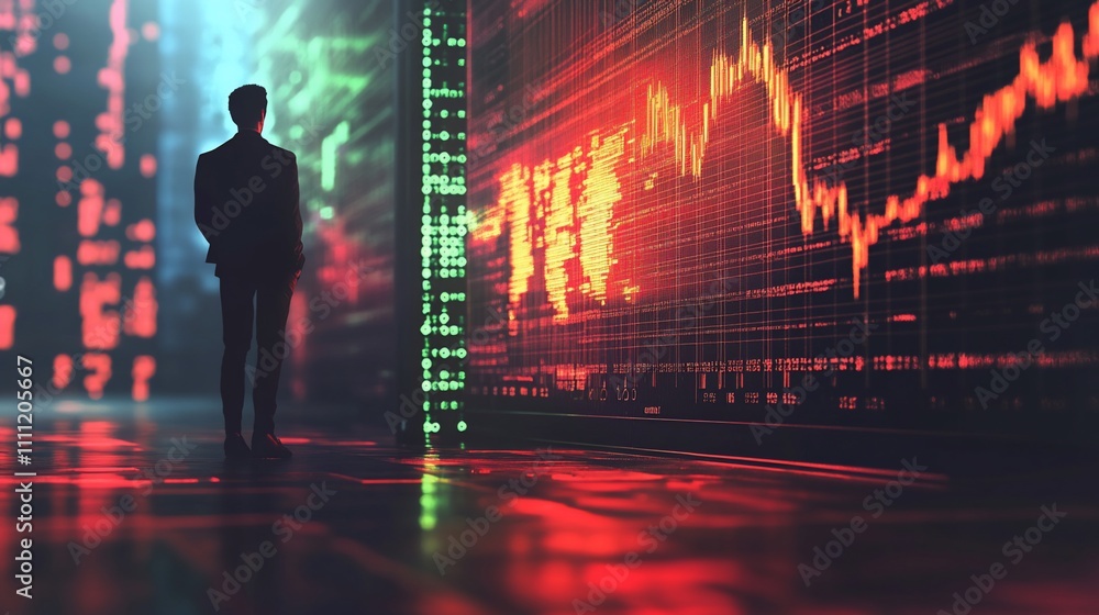 A silhouette of a person in front of a digital stock market display with fluctuating graphs. A silhouette of a person in front of a digital stock market display with fluctuating graphs.
