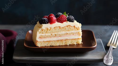 Delicious slice of layered cake with cream and berries tempting dessert lovers
