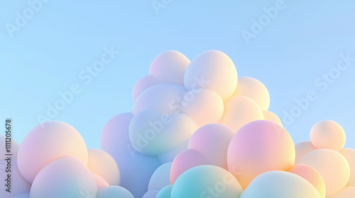 Pastel colored bubbles floating in a clear blue sky creating a dreamlike atmo...