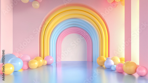 Colorful rainbow arch with balloons creating a festive atmosphere