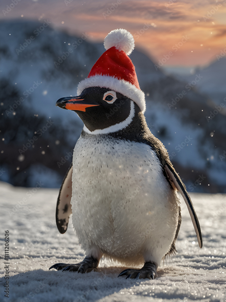 Joyful penguin with a festive hat amidst falling snow. Joyful penguin with a festive hat amidst falling snow.