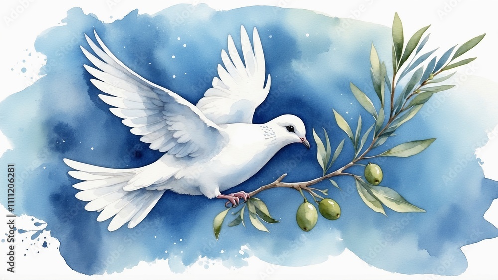 White dove with branch on blue background White dove with branch on blue background