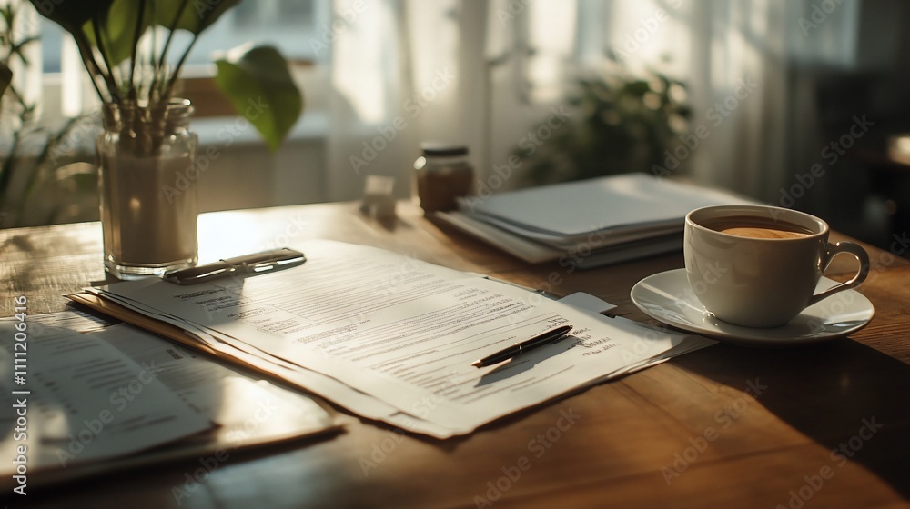 A cozy workspace with paperwork and a cup of coffee on a wooden table, illuminated by sunlight. A cozy workspace with paperwork and a cup of coffee on a wooden table, illuminated by sunlight.