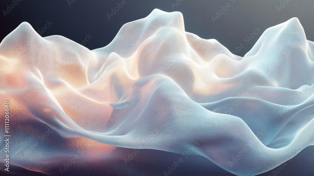 Obraz premium Abstract representation of flowing, translucent fabric-like shapes with soft lighting.