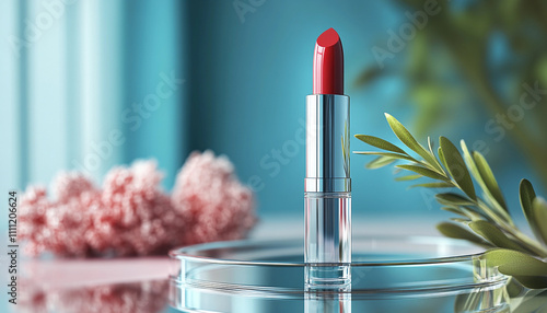 A stunning red lipstick tube with a clear body showcases its smooth texture amidst pink flowers and green leaves. The bright blue backdrop enhances the vibrant colors photo