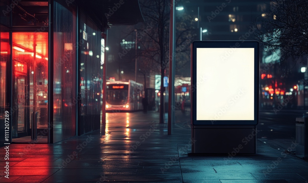 In-store advertising mockup for bus stops or signboards in public areas at night. Empty mockup of lightbox for information. In-store advertising mockup for bus stops or signboards in public areas at night. Empty mockup of lightbox for information.
