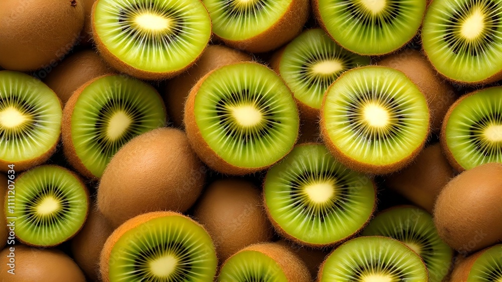 A vibrant display of whole and sliced kiwis, showcasing their fuzzy brown skin and bright green flesh A vibrant display of whole and sliced kiwis, showcasing their fuzzy brown skin and bright green flesh