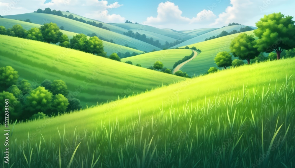 Green hills and meadows stretch under a sunny sky. Lush grass covers gentle slopes. Trees dot the landscape. A winding road winds through the valley. Peaceful rural scene ideal for travel brochures. Green hills and meadows stretch under a sunny sky. Lush grass covers gentle slopes. Trees dot the landscape. A winding road winds through the valley. Peaceful rural scene ideal for travel brochures.