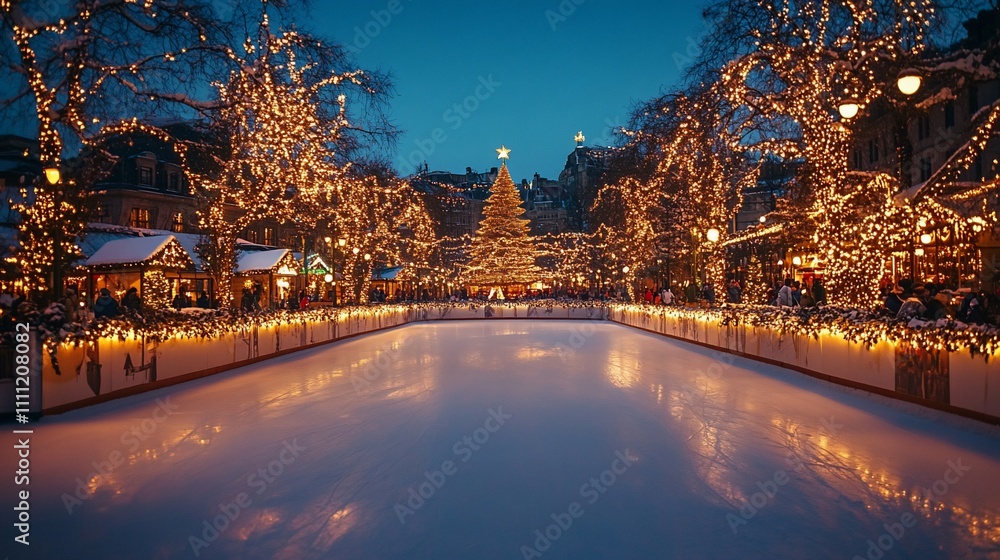 A festive ice skating rink adorned with lights and a Christmas tree in a winter setting. A festive ice skating rink adorned with lights and a Christmas tree in a winter setting.