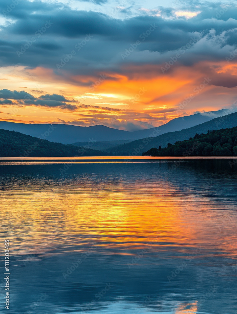 Fototapeta premium A serene mountain lake at sunset, color pencils blending warm oranges and pinks across the sky