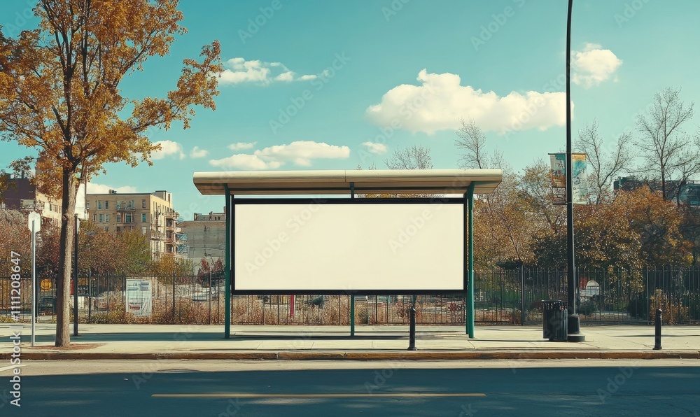 Positioned at a quaint bus stop, the creative white blank mockup targets local commuters effectively, white blank poster billboard Sharpen with large copy space Positioned at a quaint bus stop, the creative white blank mockup targets local commuters effectively, white blank poster billboard Sharpen with large copy space