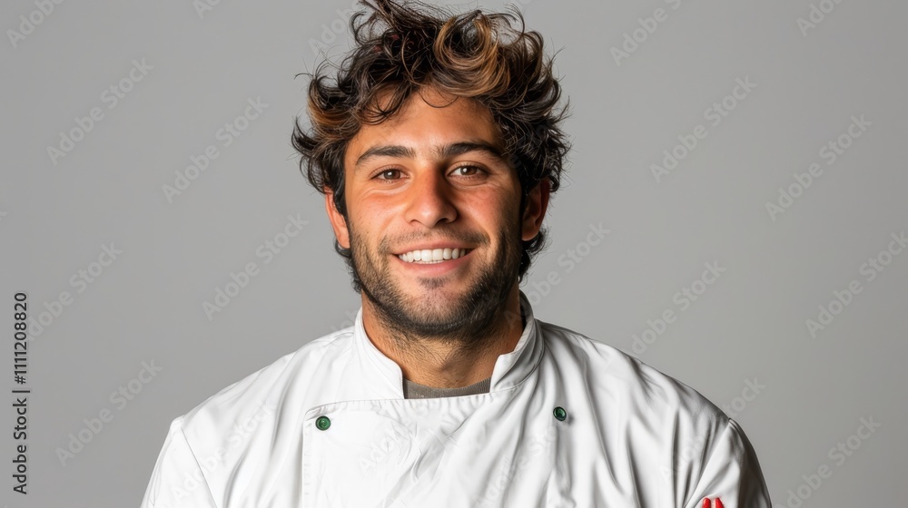 Confident young man with brown hair smiling in white shirt against a grey studio background Confident young man with brown hair smiling in white shirt against a grey studio background